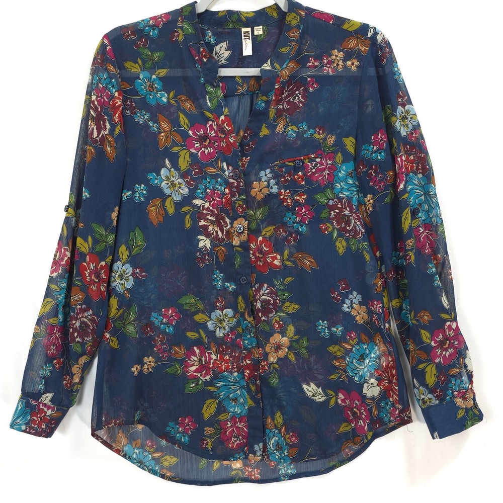 KUT from the Kloth Blouse Women S Floral Roll Tab Sheer Blue Boho Chiffon Office
